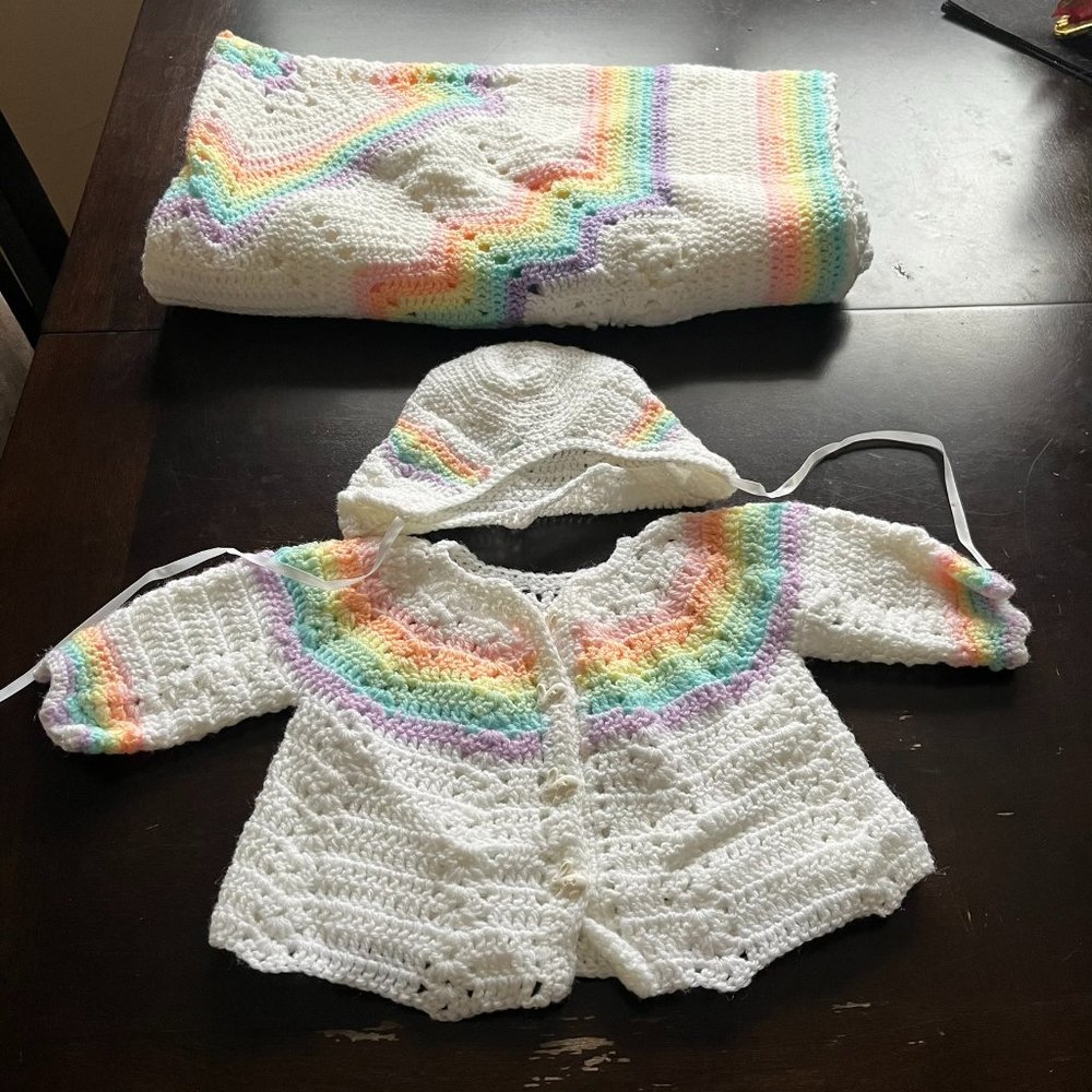 Rainbow Baby Sweater, Hat and Blanket